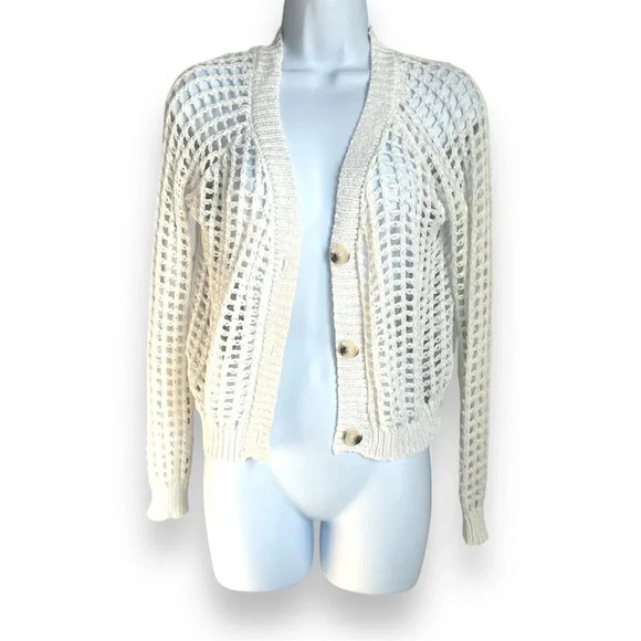 Open Knit Ivory Cardigan Sweater, Button-Up, Lightweight – Estimated Medium - Picture 6 of 8